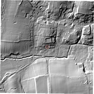 Shaded relief map of the ground around LE126UQ, computed from Environment Agency LiDAR. The ground here sits at about 72 m above sea level and falls 22 m across the surrounding 800 m. Surface water reaching this point runs off ground lying to the north, 6.1 m higher.