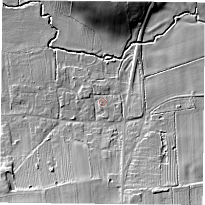 Shaded relief map of the ground around LE126UY, computed from Environment Agency LiDAR. The ground here sits at about 52 m above sea level and falls 18 m across the surrounding 800 m. Surface water reaching this point runs off ground lying to the west-north-west, 1.3 m higher.
