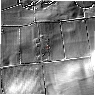 Shaded relief map of the ground around LE126XQ, computed from Environment Agency LiDAR. The ground here sits at about 60 m above sea level and falls 33 m across the surrounding 800 m. The ground contributing surface water to this point lies to the west-south-west.