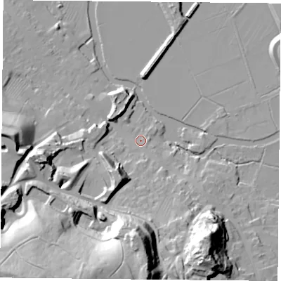 Shaded relief map of the ground around LE127AT, computed from Environment Agency LiDAR. The ground here sits at about 45 m above sea level and falls 51 m across the surrounding 800 m. Surface water reaching this point runs off ground lying to the south-south-west, 48.1 m higher.