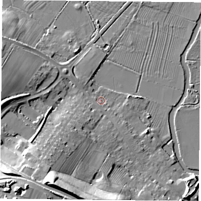Shaded relief map of the ground around LE127AX, computed from Environment Agency LiDAR. The ground here sits at about 43 m above sea level and falls 33 m across the surrounding 800 m. Surface water reaching this point runs off ground lying to the south-west, 4.9 m higher.