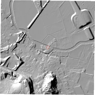 Shaded relief map of the ground around LE127BB, computed from Environment Agency LiDAR. The ground here sits at about 43 m above sea level and falls 49 m across the surrounding 800 m. Surface water reaching this point runs off ground lying to the east, 3.0 m higher.