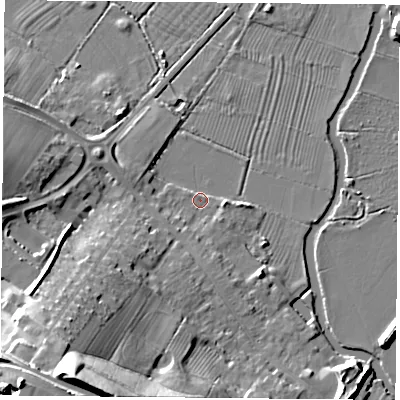 Shaded relief map of the ground around LE127DZ, computed from Environment Agency LiDAR. The ground here sits at about 43 m above sea level and falls 33 m across the surrounding 800 m. Surface water reaching this point runs off ground lying to the south-west, 20.0 m higher.
