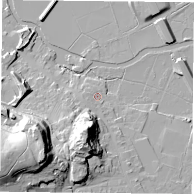 Shaded relief map of the ground around LE127EA, computed from Environment Agency LiDAR. The ground here sits at about 47 m above sea level and falls 50 m across the surrounding 800 m. Surface water reaching this point runs off ground lying to the south-south-west, 33.3 m higher.