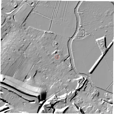 Shaded relief map of the ground around LE127FA, computed from Environment Agency LiDAR. The ground here sits at about 44 m above sea level and falls 32 m across the surrounding 800 m. Surface water reaching this point runs off ground lying to the north-north-west, 2.8 m higher.