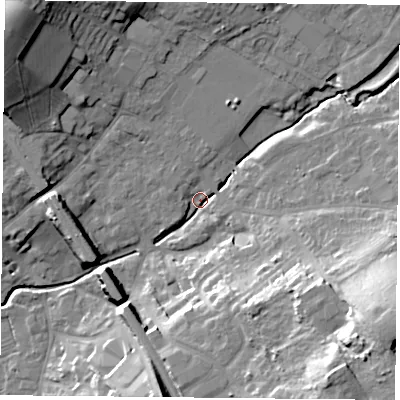 Shaded relief map of the ground around LE127LJ, computed from Environment Agency LiDAR. The ground here sits at about 47 m above sea level and falls 27 m across the surrounding 800 m. Surface water reaching this point runs off ground lying to the north-west, 22.8 m higher.