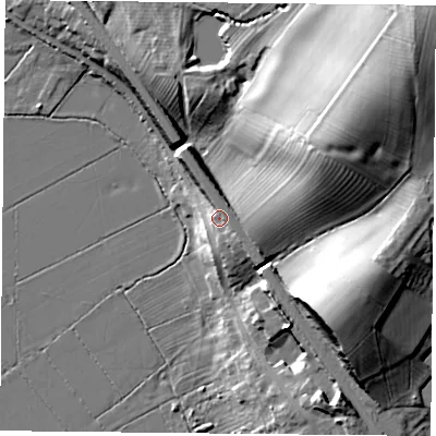 Shaded relief map of the ground around LE127LR, computed from Environment Agency LiDAR. The ground here sits at about 51 m above sea level and falls 31 m across the surrounding 800 m. Surface water reaching this point runs off ground lying to the east-south-east, 4.4 m higher.
