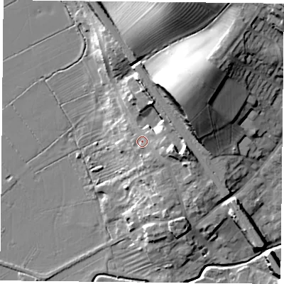Shaded relief map of the ground around LE127LW, computed from Environment Agency LiDAR. The ground here sits at about 51 m above sea level and falls 25 m across the surrounding 800 m. Surface water reaching this point runs off ground lying to the east-south-east, 7.0 m higher.