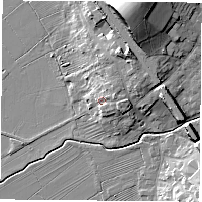 Shaded relief map of the ground around LE127NF, computed from Environment Agency LiDAR. The ground here sits at about 50 m above sea level and falls 25 m across the surrounding 800 m. Surface water reaching this point runs off ground lying to the east, 5.4 m higher.