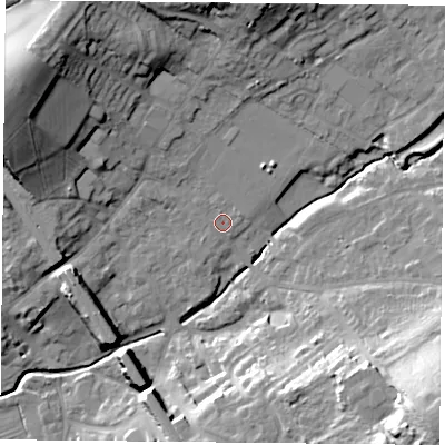 Shaded relief map of the ground around LE127NN, computed from Environment Agency LiDAR. The ground here sits at about 49 m above sea level and falls 26 m across the surrounding 800 m. Surface water reaching this point runs off ground lying to the north-west, 19.8 m higher.