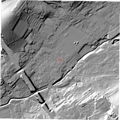 Shaded relief map of the ground around LE127NW, computed from Environment Agency LiDAR. The ground here sits at about 49 m above sea level and falls 26 m across the surrounding 800 m. Surface water reaching this point runs off ground lying to the north-west, 19.8 m higher.