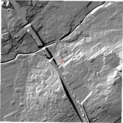Shaded relief map of the ground around LE127RA, computed from Environment Agency LiDAR. The ground here sits at about 51 m above sea level and falls 26 m across the surrounding 800 m. Surface water reaching this point runs off ground lying to the east-south-east, 19.1 m higher.