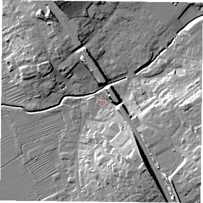 Shaded relief map of the ground around LE127RB, computed from Environment Agency LiDAR. The ground here sits at about 47 m above sea level and falls 21 m across the surrounding 800 m. Surface water reaching this point runs off ground lying to the south-east, 18.7 m higher.