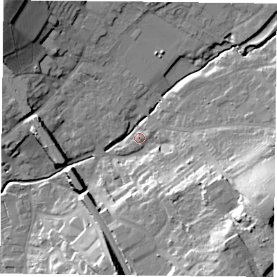 Shaded relief map of the ground around LE127RD, computed from Environment Agency LiDAR. The ground here sits at about 48 m above sea level and falls 26 m across the surrounding 800 m. Surface water reaching this point runs off ground lying to the east-north-east, 2.4 m higher.