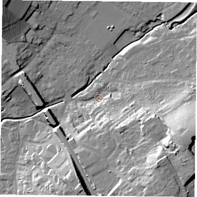 Shaded relief map of the ground around LE127RE, computed from Environment Agency LiDAR. The ground here sits at about 47 m above sea level and falls 26 m across the surrounding 800 m. Surface water reaching this point runs off ground lying to the east-south-east, 24.2 m higher.