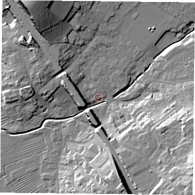 Shaded relief map of the ground around LE127RF, computed from Environment Agency LiDAR. The ground here sits at about 47 m above sea level and falls 24 m across the surrounding 800 m. Surface water reaching this point runs off ground lying to the north-north-west, 21.1 m higher.