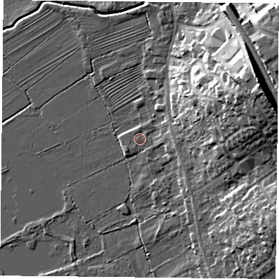 Shaded relief map of the ground around LE127RG, computed from Environment Agency LiDAR. The ground here sits at about 45 m above sea level and falls 21 m across the surrounding 800 m. Surface water reaching this point runs off ground lying to the east, 2.4 m higher.