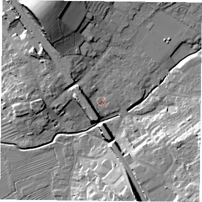 Shaded relief map of the ground around LE127RN, computed from Environment Agency LiDAR. The ground here sits at about 48 m above sea level and falls 24 m across the surrounding 800 m. Surface water reaching this point runs off ground lying to the north-north-west, 21.0 m higher.