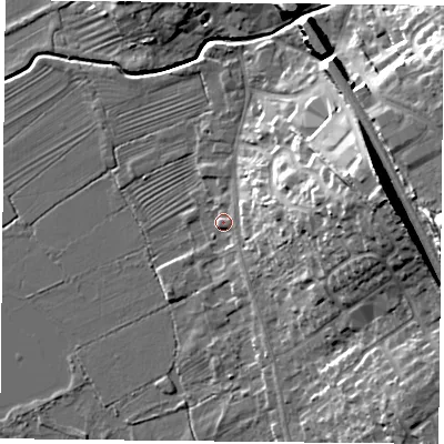 Shaded relief map of the ground around LE127RS, computed from Environment Agency LiDAR. The ground here sits at about 46 m above sea level and falls 21 m across the surrounding 800 m. Surface water reaching this point runs off ground lying to the east, 10.7 m higher.