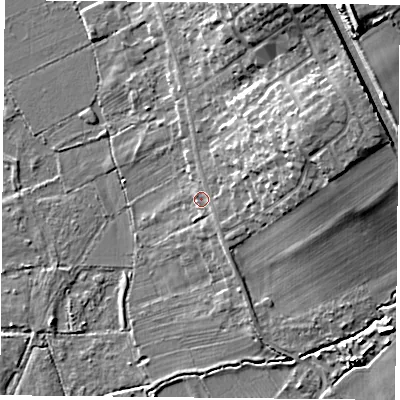 Shaded relief map of the ground around LE127RT, computed from Environment Agency LiDAR. The ground here sits at about 47 m above sea level and falls 19 m across the surrounding 800 m. Surface water reaching this point runs off ground lying to the east-north-east, 10.3 m higher.