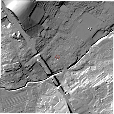 Shaded relief map of the ground around LE127RU, computed from Environment Agency LiDAR. The ground here sits at about 48 m above sea level and falls 24 m across the surrounding 800 m. Surface water reaching this point runs off ground lying to the north-north-west, 20.2 m higher.
