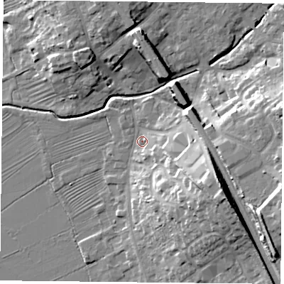Shaded relief map of the ground around LE127RW, computed from Environment Agency LiDAR. The ground here sits at about 47 m above sea level and falls 21 m across the surrounding 800 m. Surface water reaching this point runs off ground lying to the south-east, 16.2 m higher.