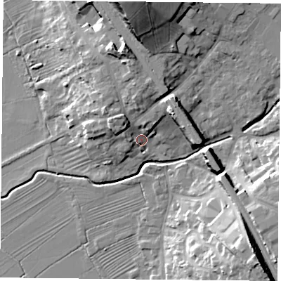 Shaded relief map of the ground around LE127RX, computed from Environment Agency LiDAR. The ground here sits at about 48 m above sea level and falls 24 m across the surrounding 800 m. Surface water reaching this point runs off ground lying to the north, 11.6 m higher.