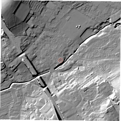 Shaded relief map of the ground around LE127SF, computed from Environment Agency LiDAR. The ground here sits at about 48 m above sea level and falls 26 m across the surrounding 800 m. Surface water reaching this point runs off ground lying to the north-north-west, 0.8 m higher.