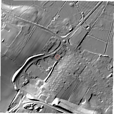 Shaded relief map of the ground around LE127TZ, computed from Environment Agency LiDAR. The ground here sits at about 46 m above sea level and falls 33 m across the surrounding 800 m. Surface water reaching this point runs off ground lying to the south, 27.7 m higher.