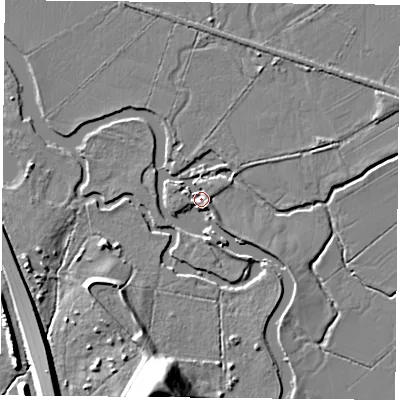 Shaded relief map of the ground around LE127UX, computed from Environment Agency LiDAR. The ground here sits at about 44 m above sea level and falls 21 m across the surrounding 800 m. Surface water reaching this point runs off ground lying to the south-south-east, 2.4 m higher.