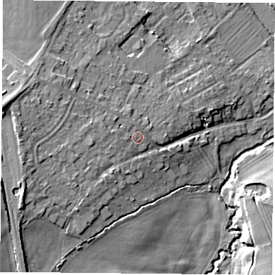 Shaded relief map of the ground around LE128AD, computed from Environment Agency LiDAR. The ground here sits at about 50 m above sea level and falls 17 m across the surrounding 800 m. Surface water reaching this point runs off ground lying to the west-north-west, 7.9 m higher.