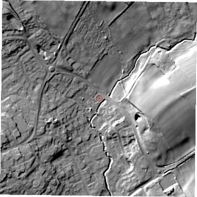 Shaded relief map of the ground around LE128AN, computed from Environment Agency LiDAR. The ground here sits at about 52 m above sea level and falls 25 m across the surrounding 800 m. Surface water reaching this point runs off ground lying to the east, 18.0 m higher.