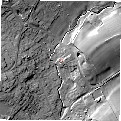 Shaded relief map of the ground around LE128AS, computed from Environment Agency LiDAR. The ground here sits at about 52 m above sea level and falls 24 m across the surrounding 800 m. Surface water reaching this point runs off ground lying to the east-north-east, 4.6 m higher.