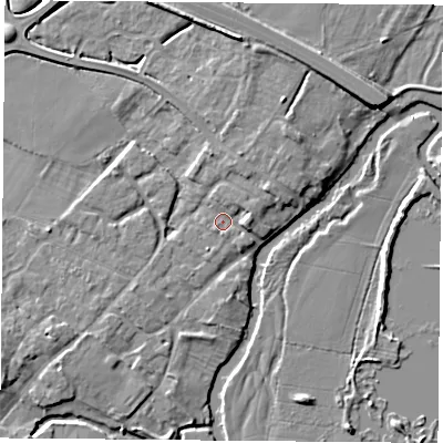 Shaded relief map of the ground around LE128AY, computed from Environment Agency LiDAR. The ground here sits at about 41 m above sea level and falls 6 m across the surrounding 800 m. Surface water reaching this point runs off ground lying to the east, 2.1 m higher.