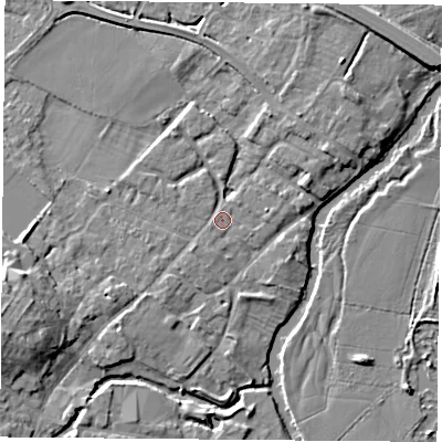 Shaded relief map of the ground around LE128AZ, computed from Environment Agency LiDAR. The ground here sits at about 42 m above sea level and falls 8 m across the surrounding 800 m. Surface water reaching this point runs off ground lying to the south-west, 1.7 m higher.