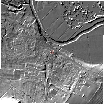 Shaded relief map of the ground around LE128BA, computed from Environment Agency LiDAR. The ground here sits at about 45 m above sea level and falls 32 m across the surrounding 800 m. Surface water reaching this point runs off ground lying to the south-south-east, 16.4 m higher.