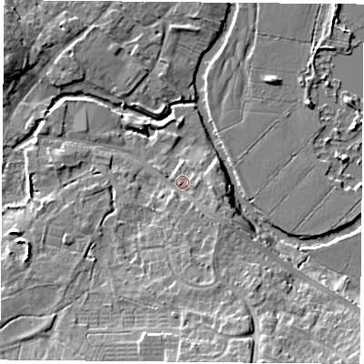Shaded relief map of the ground around LE128BB, computed from Environment Agency LiDAR. The ground here sits at about 43 m above sea level and falls 12 m across the surrounding 800 m. Surface water reaching this point runs off ground lying to the south-south-east, 3.6 m higher.