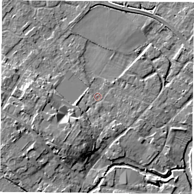Shaded relief map of the ground around LE128BD, computed from Environment Agency LiDAR. The ground here sits at about 42 m above sea level and falls 8 m across the surrounding 800 m. Surface water reaching this point runs off ground lying to the south, 0.6 m higher.