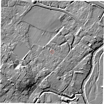 Shaded relief map of the ground around LE128BE, computed from Environment Agency LiDAR. The ground here sits at about 41 m above sea level and falls 8 m across the surrounding 800 m. Surface water reaching this point runs off ground lying to the south, 1.1 m higher.