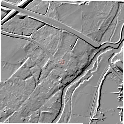 Shaded relief map of the ground around LE128BG, computed from Environment Agency LiDAR. The ground here sits at about 43 m above sea level and falls 9 m across the surrounding 800 m. Surface water reaching this point runs off ground lying to the east, 0.6 m higher.