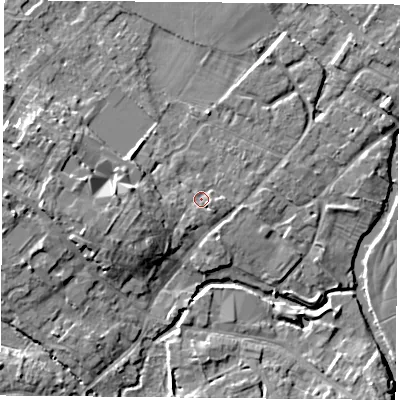 Shaded relief map of the ground around LE128BH, computed from Environment Agency LiDAR. The ground here sits at about 42 m above sea level and falls 8 m across the surrounding 800 m. Surface water reaching this point runs off ground lying to the west-south-west, 4.7 m higher.