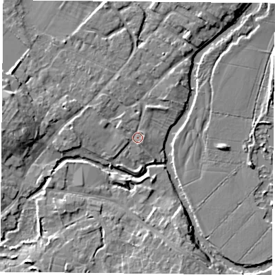 Shaded relief map of the ground around LE128BL, computed from Environment Agency LiDAR. The ground here sits at about 41 m above sea level and falls 8 m across the surrounding 800 m. Surface water reaching this point runs off ground lying to the west-north-west, 1.1 m higher.