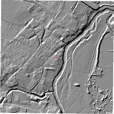 Shaded relief map of the ground around LE128BN, computed from Environment Agency LiDAR. The ground here sits at about 41 m above sea level and falls 7 m across the surrounding 800 m. Surface water reaching this point runs off ground lying to the east, 0.7 m higher.