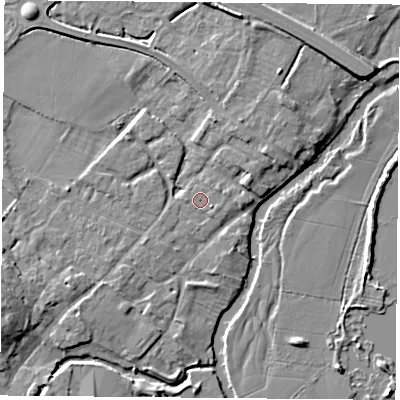 Shaded relief map of the ground around LE128DF, computed from Environment Agency LiDAR. The ground here sits at about 41 m above sea level and falls 7 m across the surrounding 800 m. Surface water reaching this point runs off ground lying to the east-north-east, 0.9 m higher.