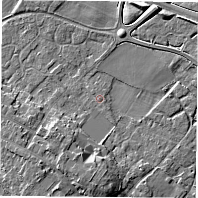 Shaded relief map of the ground around LE128DN, computed from Environment Agency LiDAR. The ground here sits at about 42 m above sea level and falls 8 m across the surrounding 800 m. Surface water reaching this point runs off ground lying to the east, 0.7 m higher.