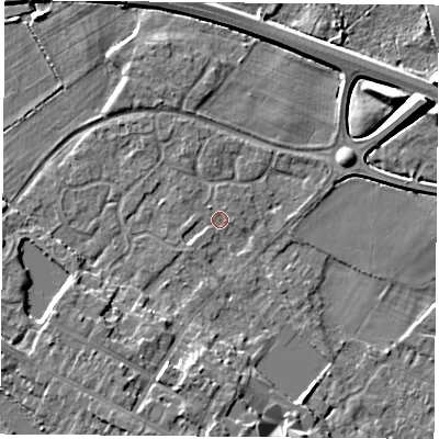 Shaded relief map of the ground around LE128DQ, computed from Environment Agency LiDAR. The ground here sits at about 41 m above sea level and falls 9 m across the surrounding 800 m. Surface water reaching this point runs off ground lying to the south-west, 1.1 m higher.