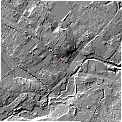 Shaded relief map of the ground around LE128DS, computed from Environment Agency LiDAR. The ground here sits at about 42 m above sea level and falls 8 m across the surrounding 800 m. Surface water reaching this point runs off ground lying to the north-west, 5.3 m higher.
