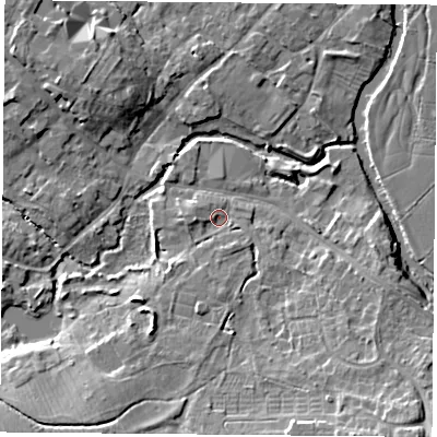 Shaded relief map of the ground around LE128EE, computed from Environment Agency LiDAR. The ground here sits at about 42 m above sea level and falls 11 m across the surrounding 800 m. Surface water reaching this point runs off ground lying to the south-south-west, 2.0 m higher.