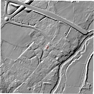 Shaded relief map of the ground around LE128EF, computed from Environment Agency LiDAR. The ground here sits at about 42 m above sea level and falls 9 m across the surrounding 800 m. Surface water reaching this point runs off ground lying to the east-south-east, 3.6 m higher.