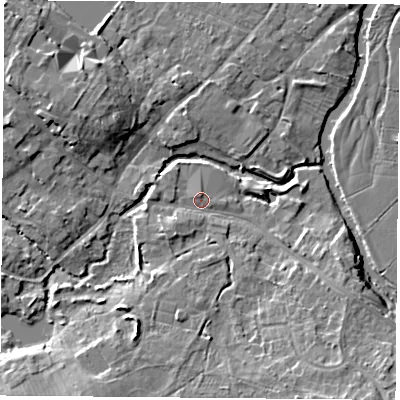 Shaded relief map of the ground around LE128ET, computed from Environment Agency LiDAR. The ground here sits at about 42 m above sea level and falls 9 m across the surrounding 800 m. Surface water reaching this point runs off ground lying to the south-west, 1.9 m higher.